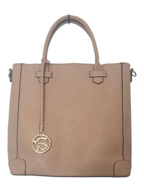 Taupe Leather Tote Handbag with Gold Charm